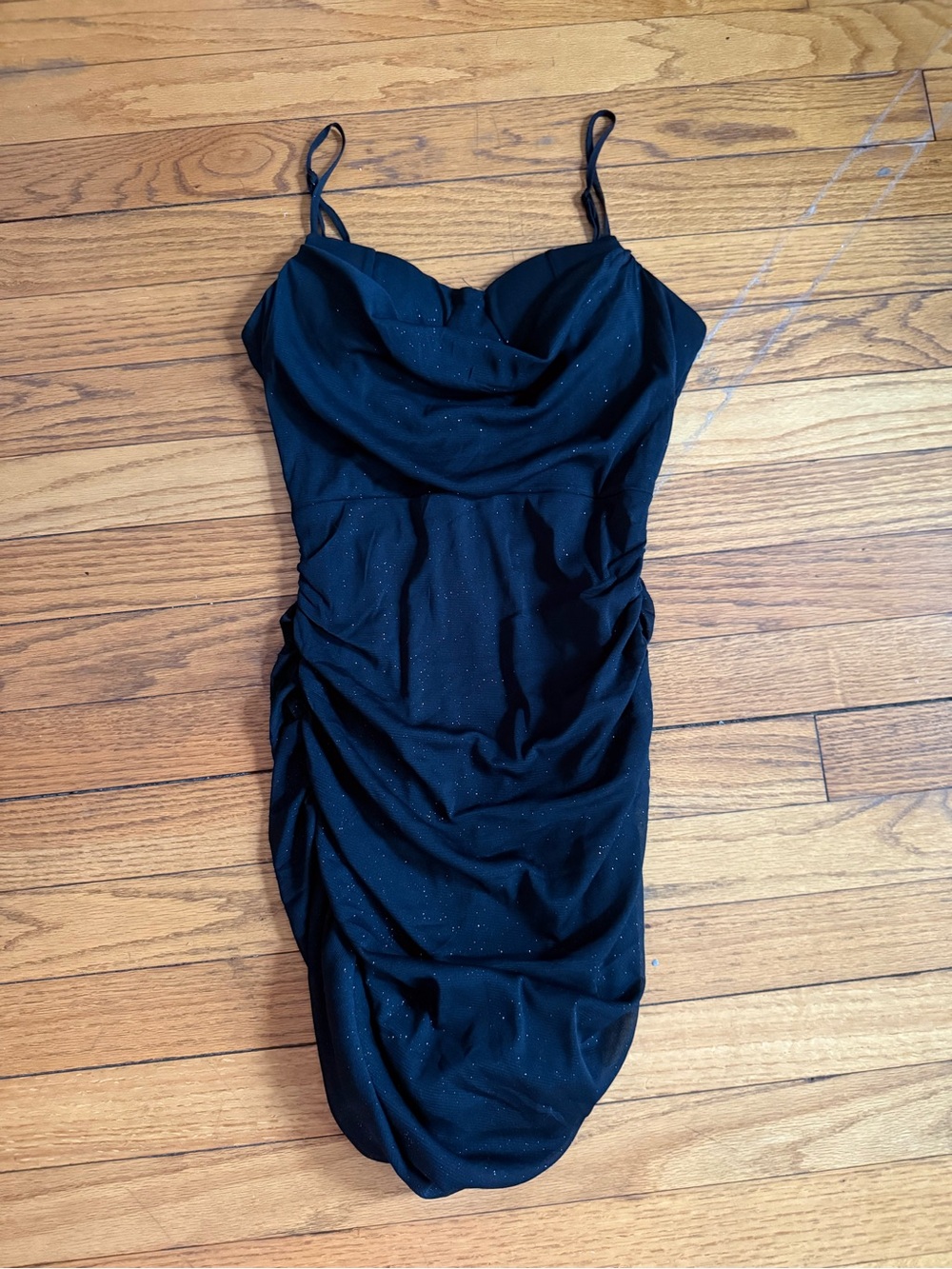 Black Sparkle Ruched Mini Dress with Spaghetti Straps